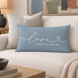 Elegant Dusty Blue Love Heart Couple Names Lumbar Pillow