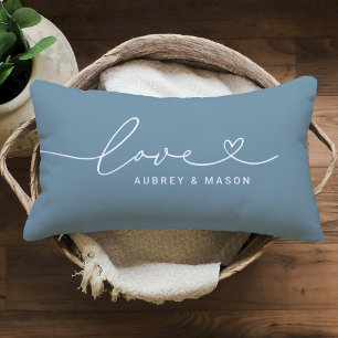 Elegant Dusty Blue Love Heart Couple Names Lumbar Pillow
