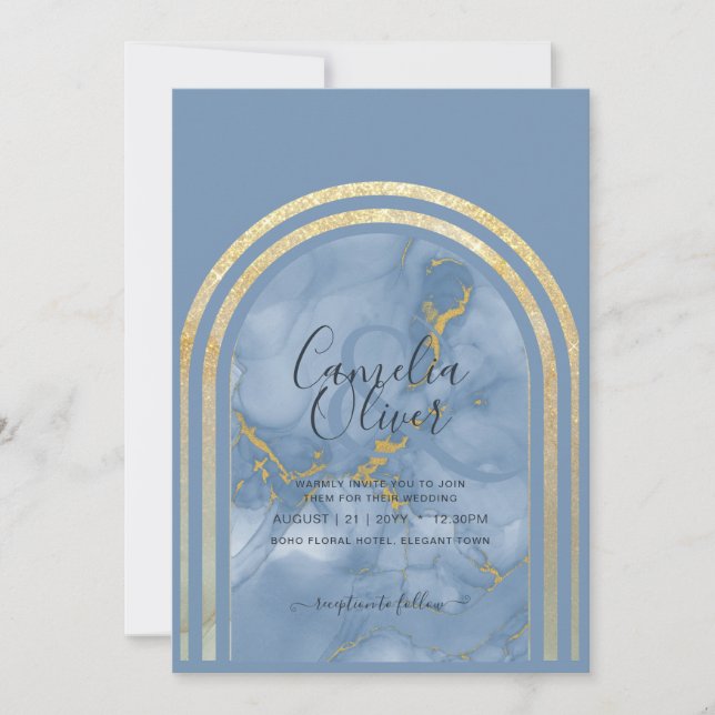Elegant Dusty Blue Marble Gold Arch Wedding Invita Invitation (Front)