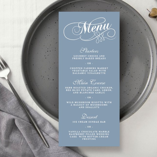 Elégant Dusty Blue Mariage Menu Modèles (Créateur téléchargé)