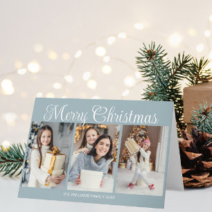 Elegant Dusty Blue Merry Christmas Photo Collage Holiday Card
