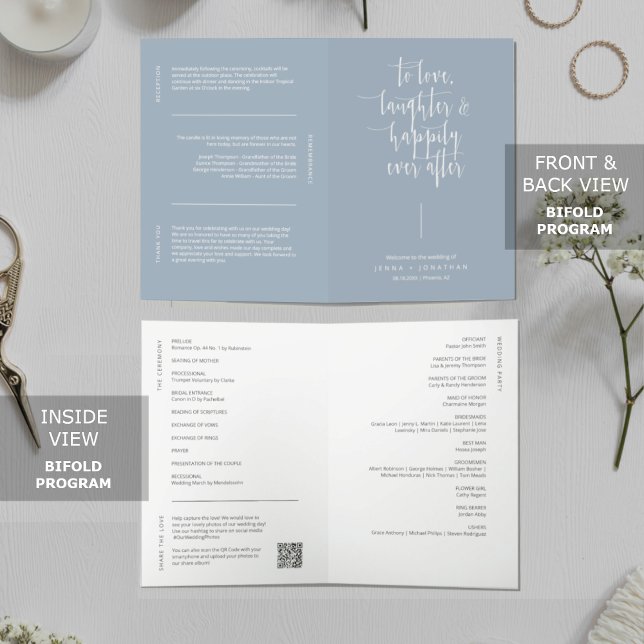 Elegant Dusty Blue Minimal QR Code Wedding Folded Program (Creator Uploaded)