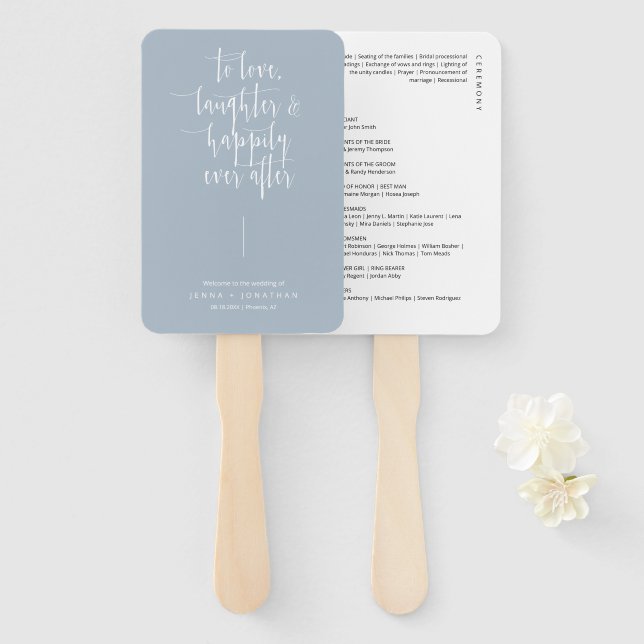 Elegant Dusty Blue Minimal Script Wedding Program Hand Fan (Front and Back)