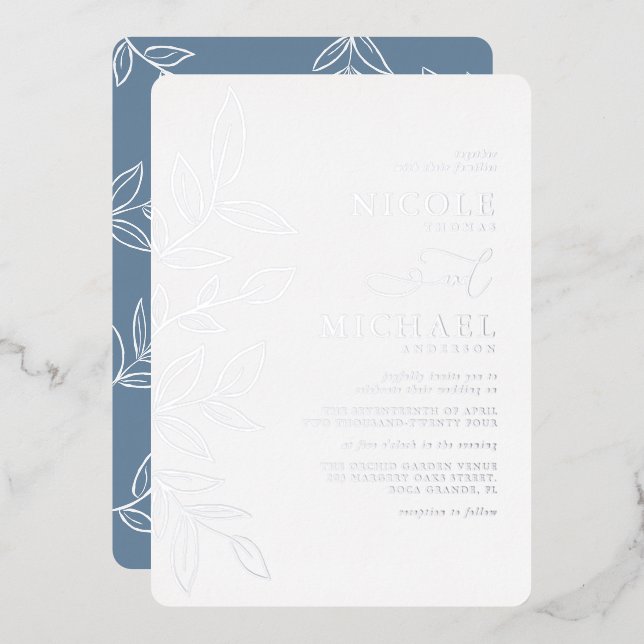 Elegant Dusty Blue Minimal Silver Leaf Wedding (Front/Back)