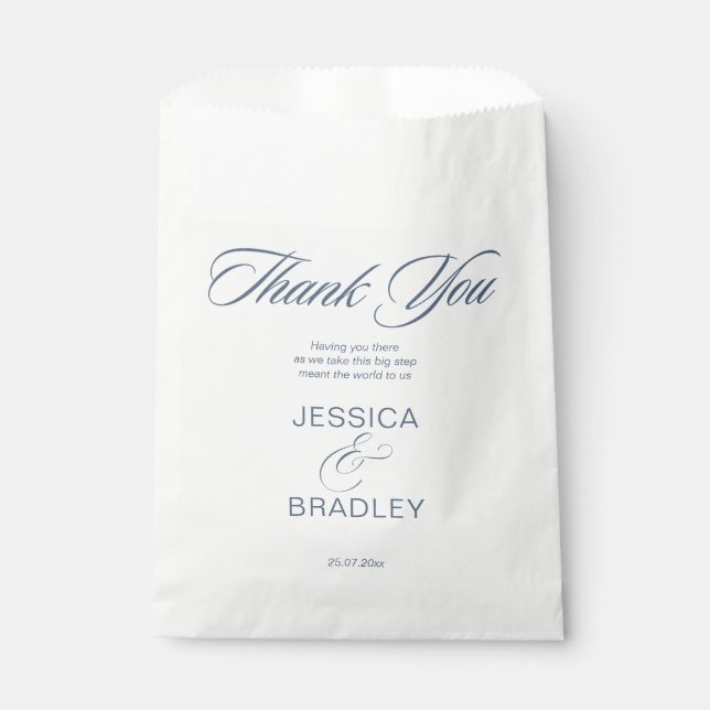 Elegant dusty blue minimalist thank you wedding  favour bag (Front)