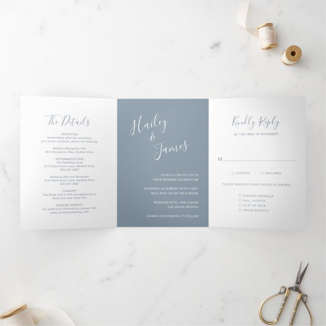 Elegant Dusty Blue Modern Wedding Tri-Fold Invitation (Inside)