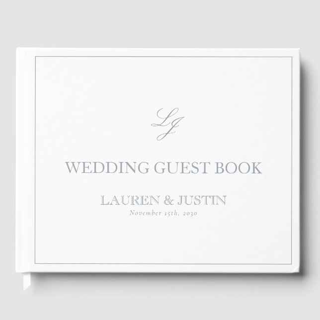 Elegant Dusty Blue Monogram Calligraphy Wedding Guest Book (Front)