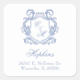 Elegant Dusty Blue Monogram Crest Return Address Square Sticker
