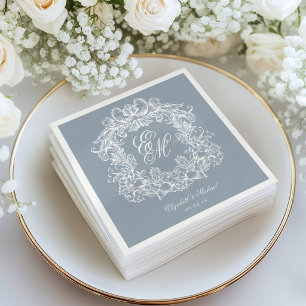 Elegant Dusty Blue Monogram Crest Script Wedding Napkin