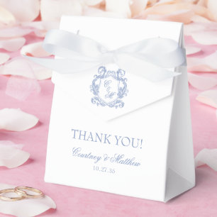 Elegant Dusty Blue Monogram Crest Thank You Favor Box