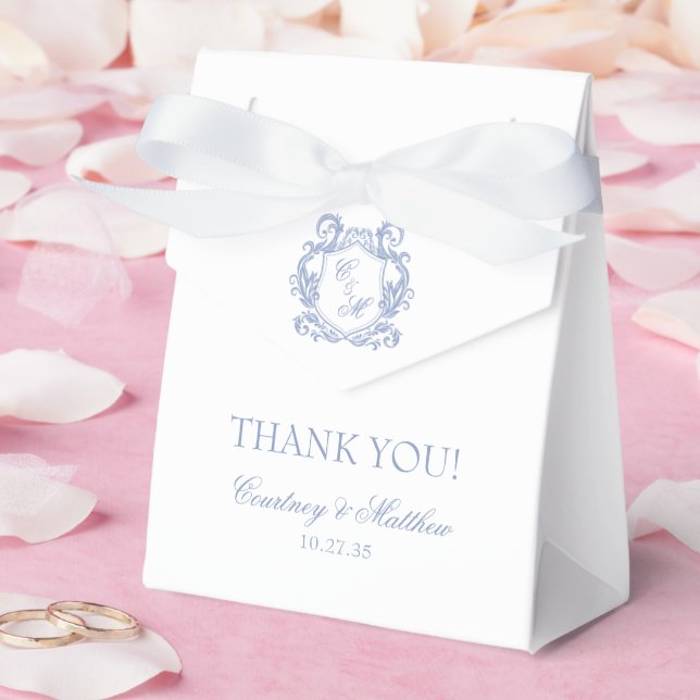 Elegant Dusty Blue Monogram Crest Thank You Favor Box (Wedding)