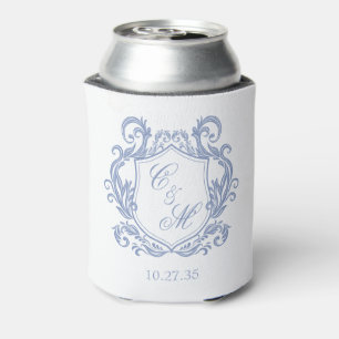 Elegant Dusty Blue Monogram Crest Wedding Can Cooler