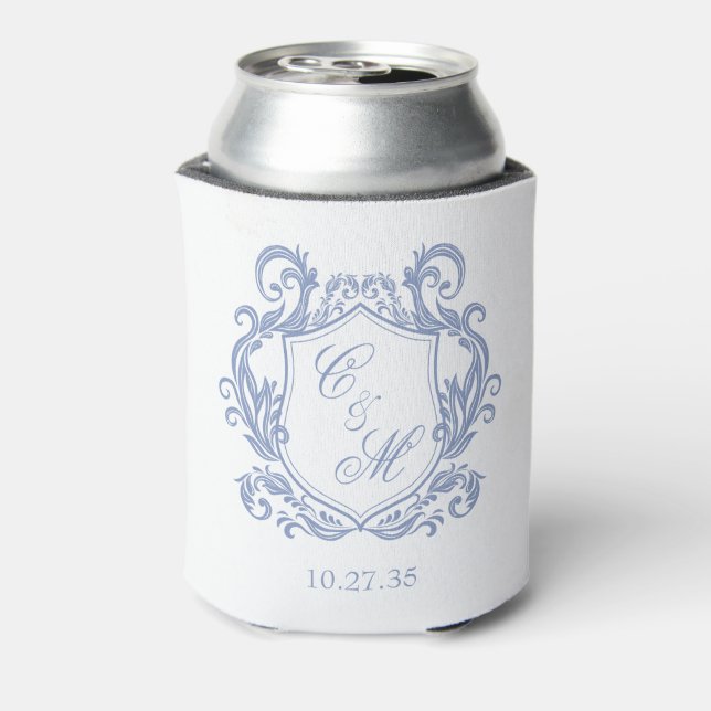 Elegant Dusty Blue Monogram Crest Wedding Can Cooler (Can Back)