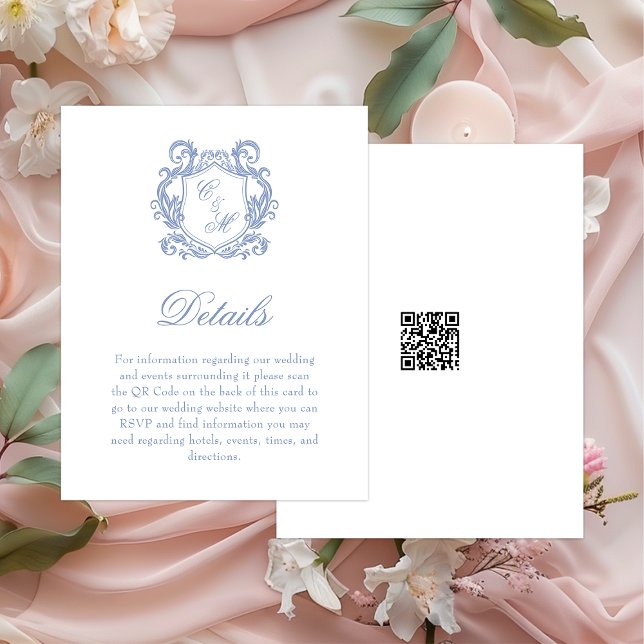 Elegant Dusty Blue Monogram Crest Wedding Details Enclosure Card (Creator Uploaded)