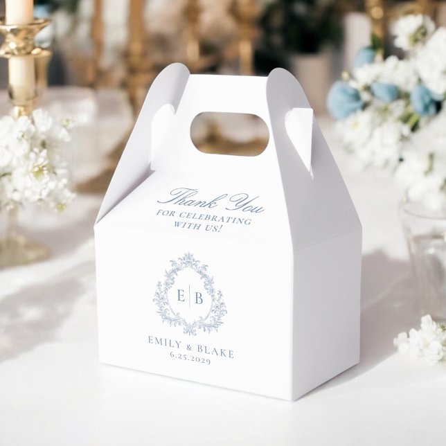 Elegant Dusty Blue Monogram Crest Wedding Favor Box (Creator Uploaded)