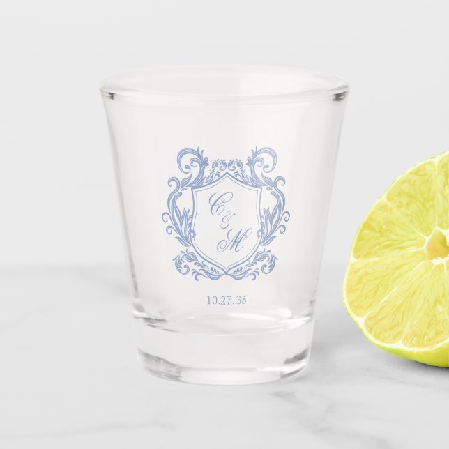 Elegant Dusty Blue Monogram Crest Wedding Shot Glass (Front)