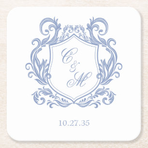 Elegant Dusty Blue Monogram Crest Wedding Square Paper Coaster