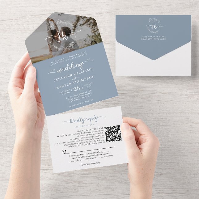 Elegant Dusty Blue Monogram QR Code Photo Wedding All In One Invitation (Creator Uploaded)