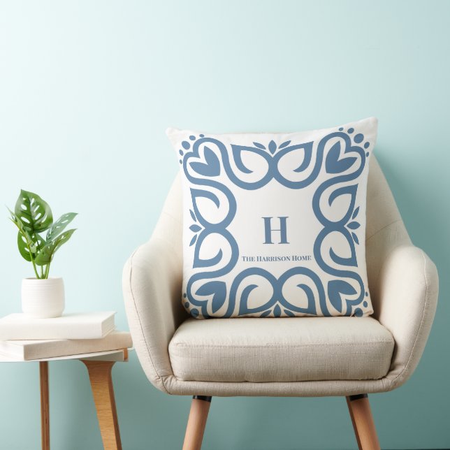 Elegant Dusty Blue Monogram Script Throw Pillow (Chair)