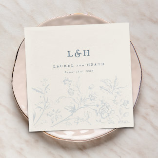 Elegant Dusty Blue Monogram Vintage Floral Wedding Napkin