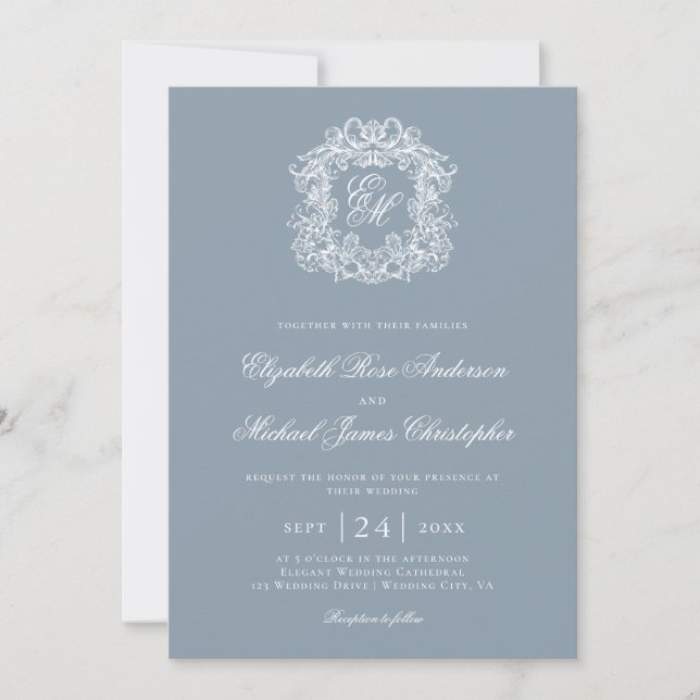 Elegant Dusty Blue Monogram Wedding Crest Invitation (Front)
