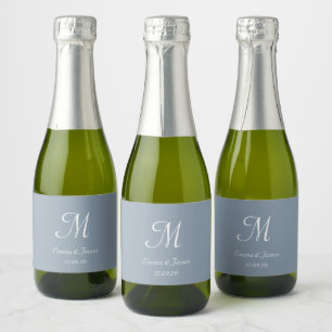 Elegant Dusty Blue Monogram Wedding Favour Mini  Sparkling Wine Label