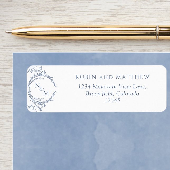 Elegant Dusty Blue Monogram Wedding Return Address (Creator Uploaded)
