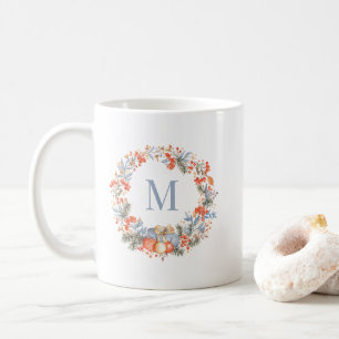 Elegant Dusty Blue Monogram Wreath Christmas Coffee Mug