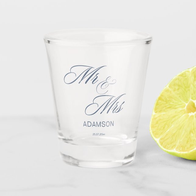Elegant dusty blue Mr & Mrs Shot Glass (Front)