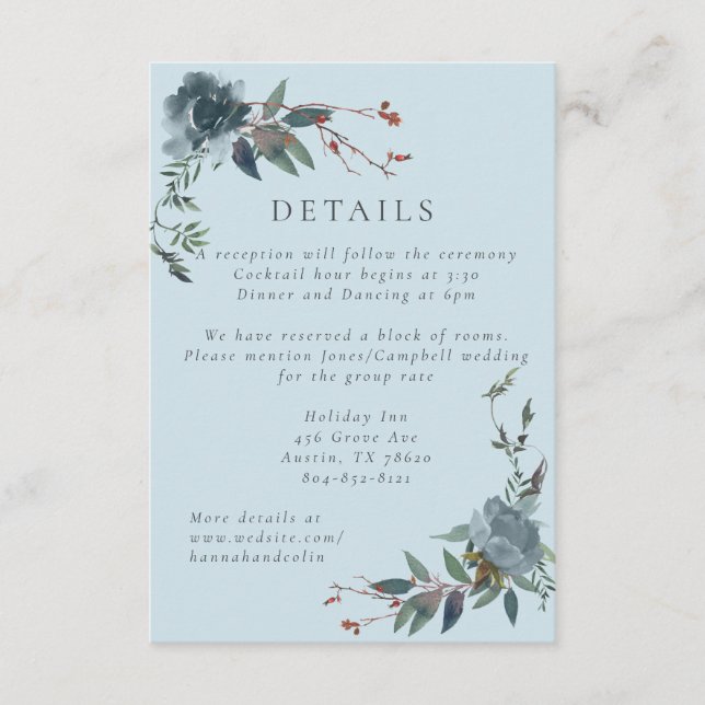 Elegant Dusty Blue Navy Botanical Garden Enclosure Card (Front)