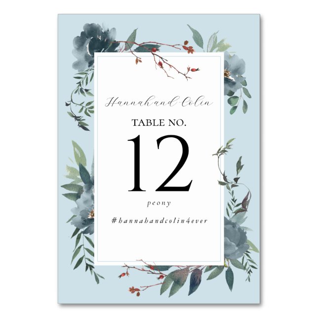 Elegant Dusty Blue Navy Botanical Garden Table Number (Front)