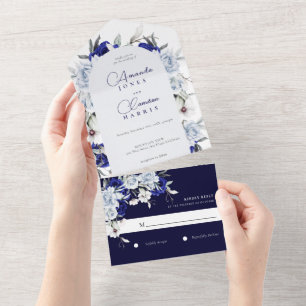 Elegant Dusty Blue Navy Floral Arch Wedding All In One Invitation