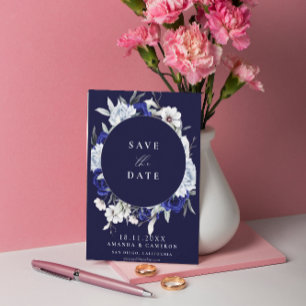 Elegant Dusty Blue Navy Floral Geometric Wedding  Save The Date