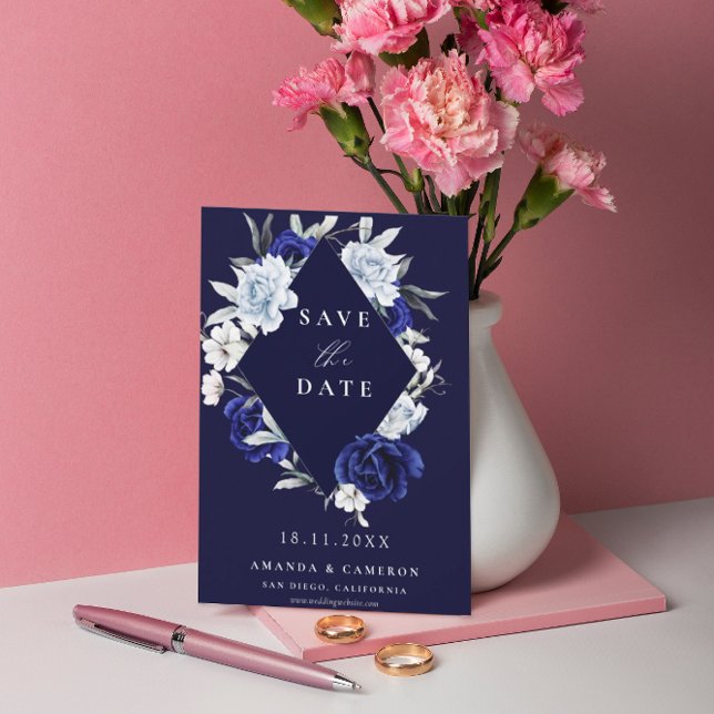 Elegant Dusty Blue Navy Floral Geometric Wedding  Save The Date (Creator Uploaded)