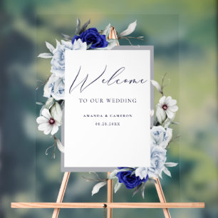 Elégant Dusty Blue Navy Floral Mariage Bienvenue