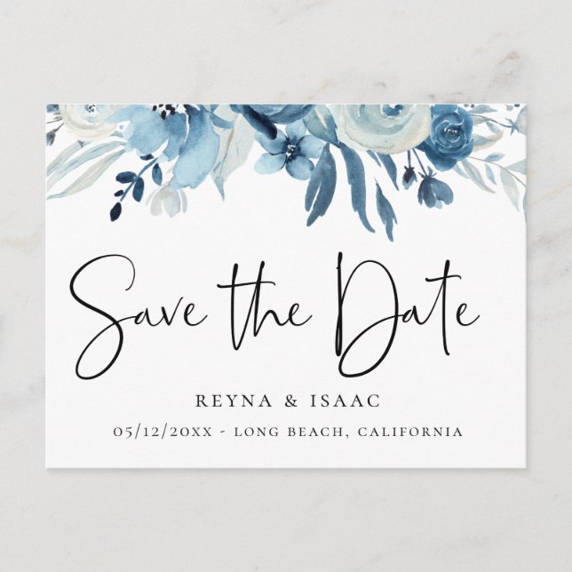 Elegant Dusty Blue Navy Floral Save the Date Announcement Postcard (Front)