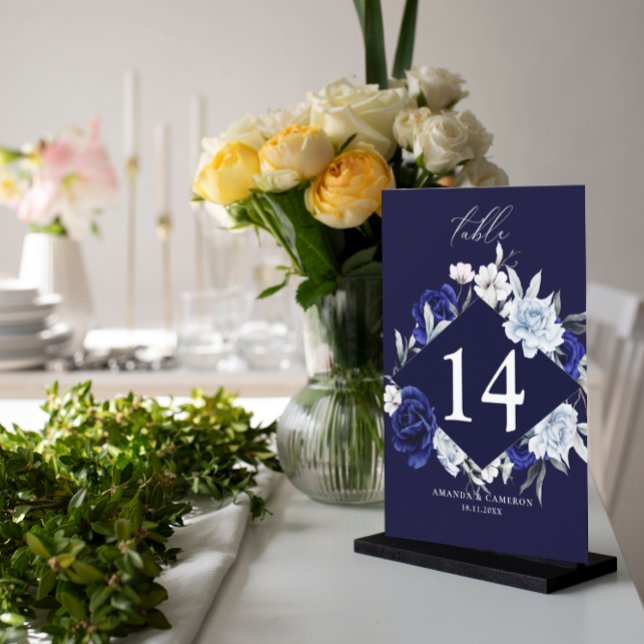Elegant Dusty Blue Navy Floral  Table Number (Creator Uploaded)