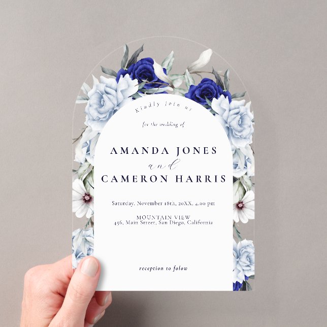 Elegant Dusty Blue Navy Floral Wedding Arch Acrylic Invitations (Insitu (Handheld))
