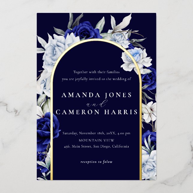 Elegant Dusty Blue Navy Floral Wedding Arch Gold  (Front)