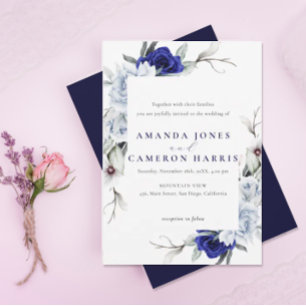 Elegant Dusty Blue Navy Floral Wedding Invitation