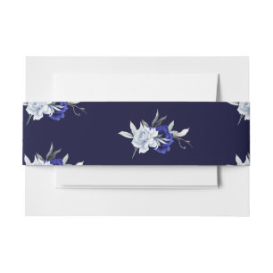 Elegant Dusty Blue Navy Floral Wedding  Invitation Belly Band