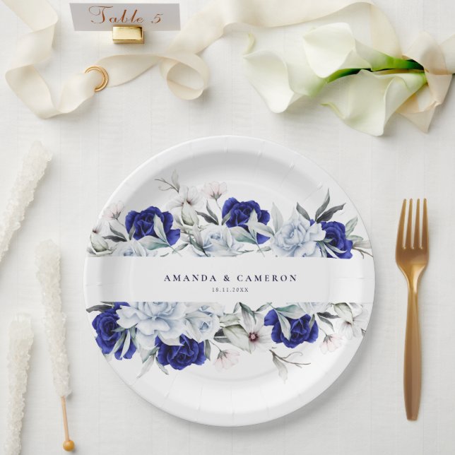 Elegant Dusty Blue Navy Floral Wedding Paper Plate (Wedding)