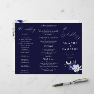 Elegant Dusty Blue Navy Floral Wedding Program