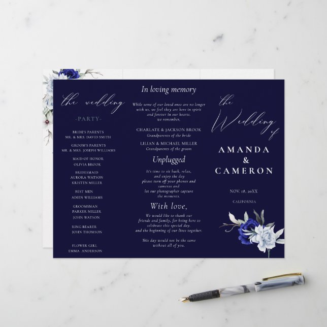 Elegant Dusty Blue Navy Floral  Wedding Program (Front/Back In Situ)