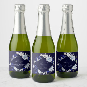 Elegant Dusty Blue Navy Floral Wedding  Sparkling Wine Label