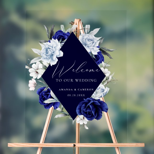 Elegant Dusty Blue Navy Floral Wedding Welcome  Acrylic Sign (Neutral)