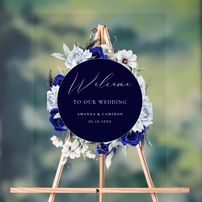 Elegant Dusty Blue Navy Floral Wedding Welcome  Acrylic Sign (Neutral)