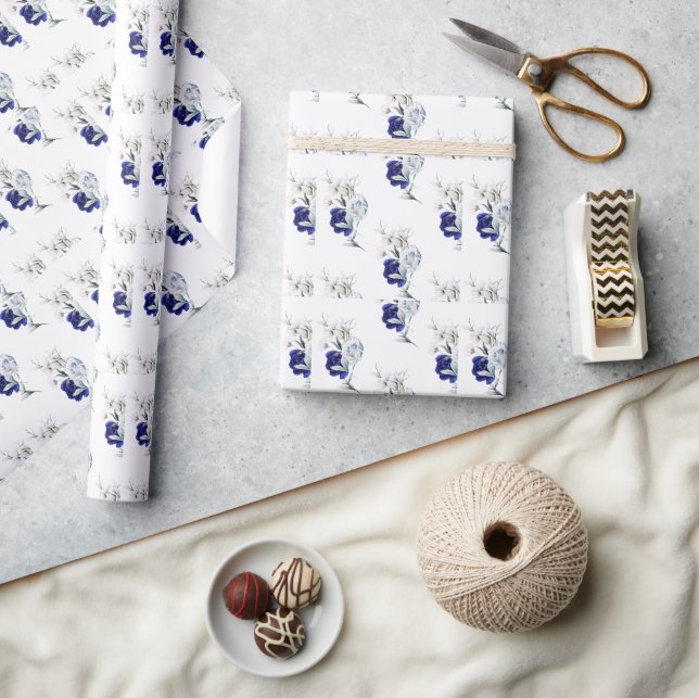 Elegant Dusty Blue Navy Floral Wedding  Wrapping Paper (Crafts)