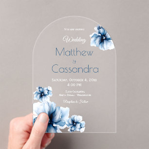 Elegant Dusty Blue Navy  Flowers Wedding  Acrylic Invitations