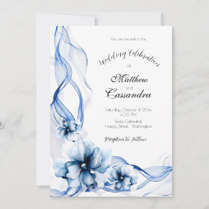 Elegant Dusty Blue Navy Flowers Wedding Invitation